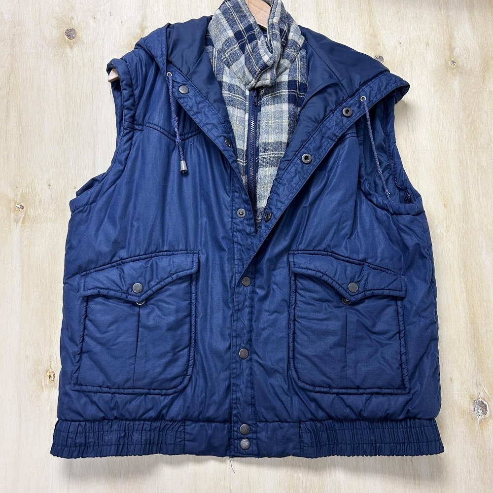 Vintage Deep North Vest Mens Large Blue Hooded Puffer Flannel Lined Outdoor